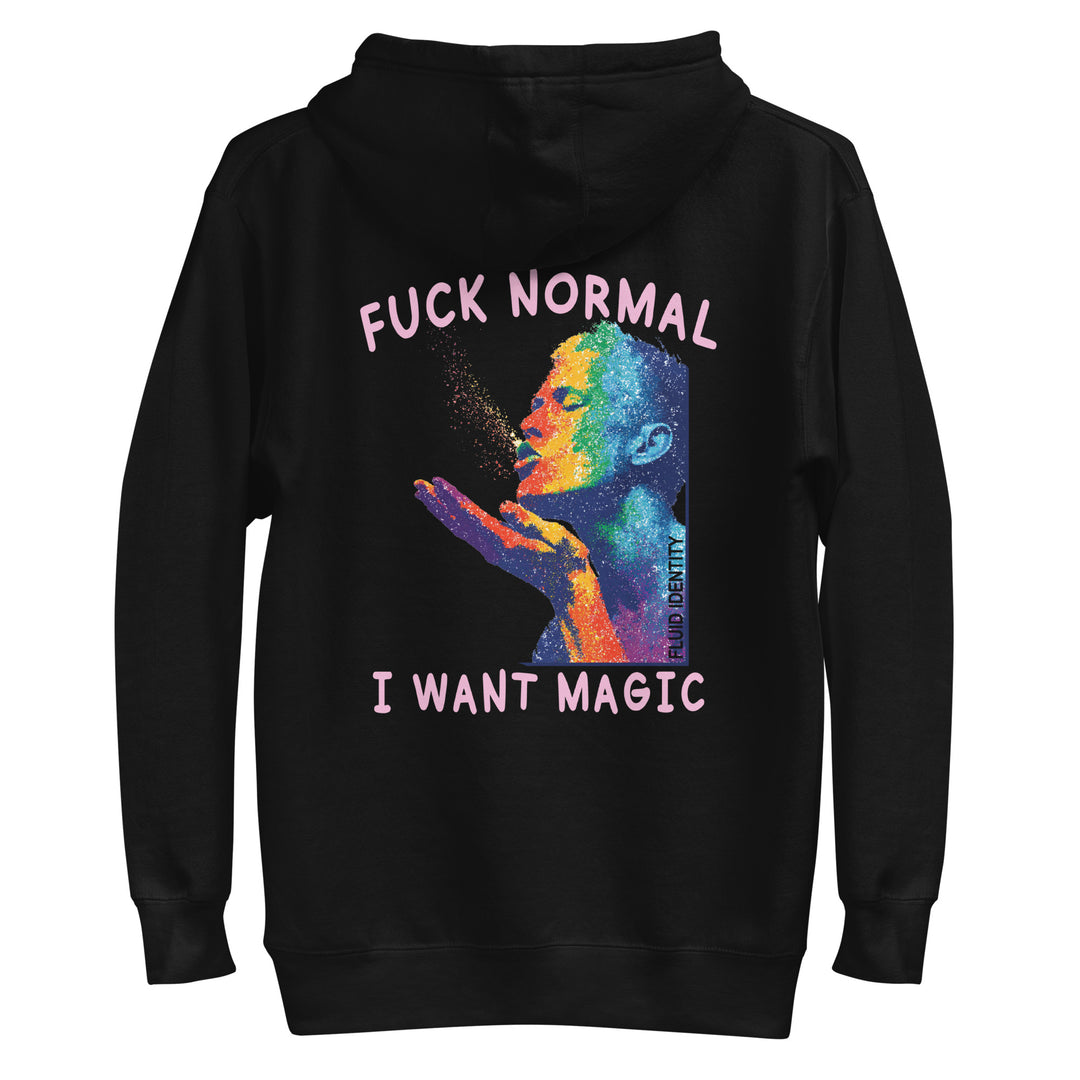 Fluid Identity Black Hoodie with Colorful Design and Text: Urban Style Streetwear Fashion