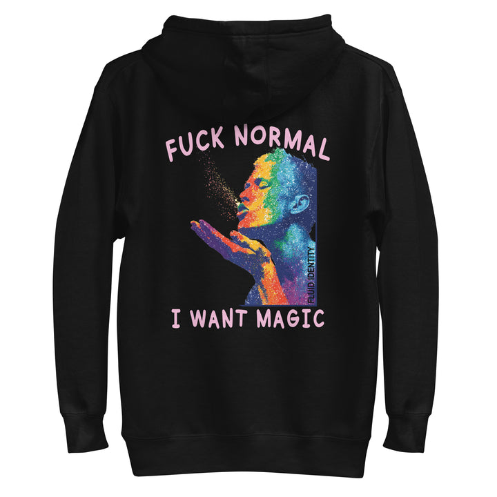 Fluid Identity Black Hoodie with Colorful Design and Text: Urban Style Streetwear Fashion