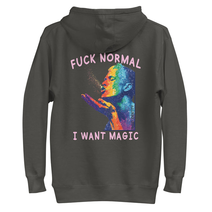 Graphic hoodie from Fluid Identity featuring vibrant design and the phrase 'I want magic' in urban style streetwear fashion