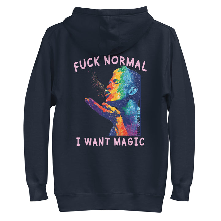 Navy hoodie featuring vibrant graphic with text 'Fuck Normal I Want Magic', ideal for Urban Style Streetwear Fashion