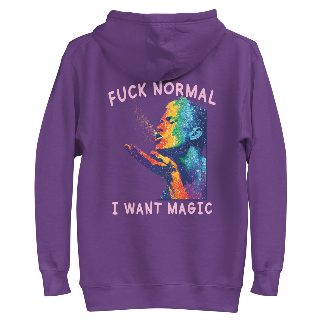 Purple hoodie featuring colorful graphic with text 'Fuck Normal, I Want Magic' in Urban Style Streetwear Fashion
