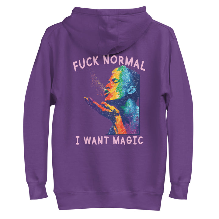 Purple hoodie featuring colorful graphic with text 'Fuck Normal, I Want Magic' in Urban Style Streetwear Fashion