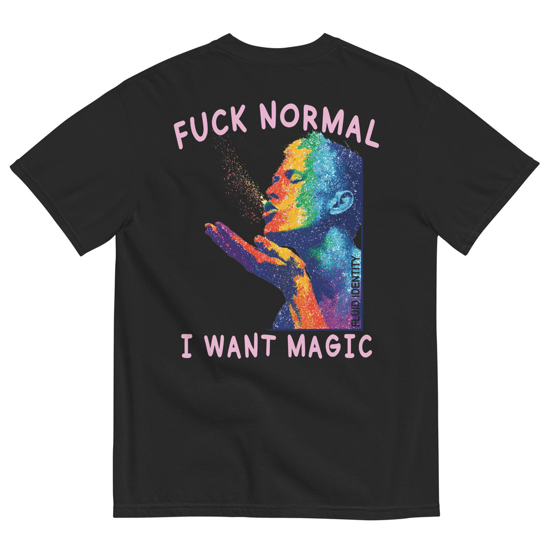 Black t-shirt featuring colorful graphic with text 'Fuck Normal I Want Magic', perfect for urban style streetwear fashion