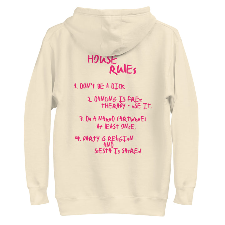 Beige hoodie from Fluid Identity featuring House Rules in vibrant pink for Urban Style Streetwear Fashion