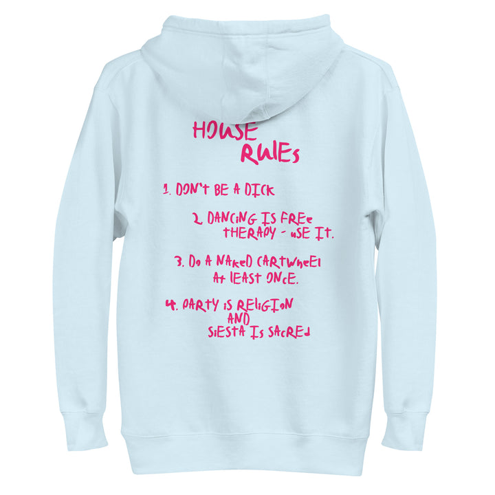 Light blue hoodie featuring House Rules design, perfect for Urban Style Streetwear Fashion enthusiasts