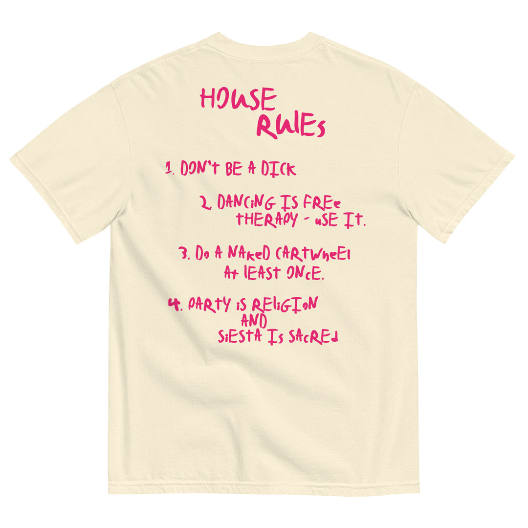 Beige t-shirt featuring playful House Rules text for Urban Style Streetwear Fashion