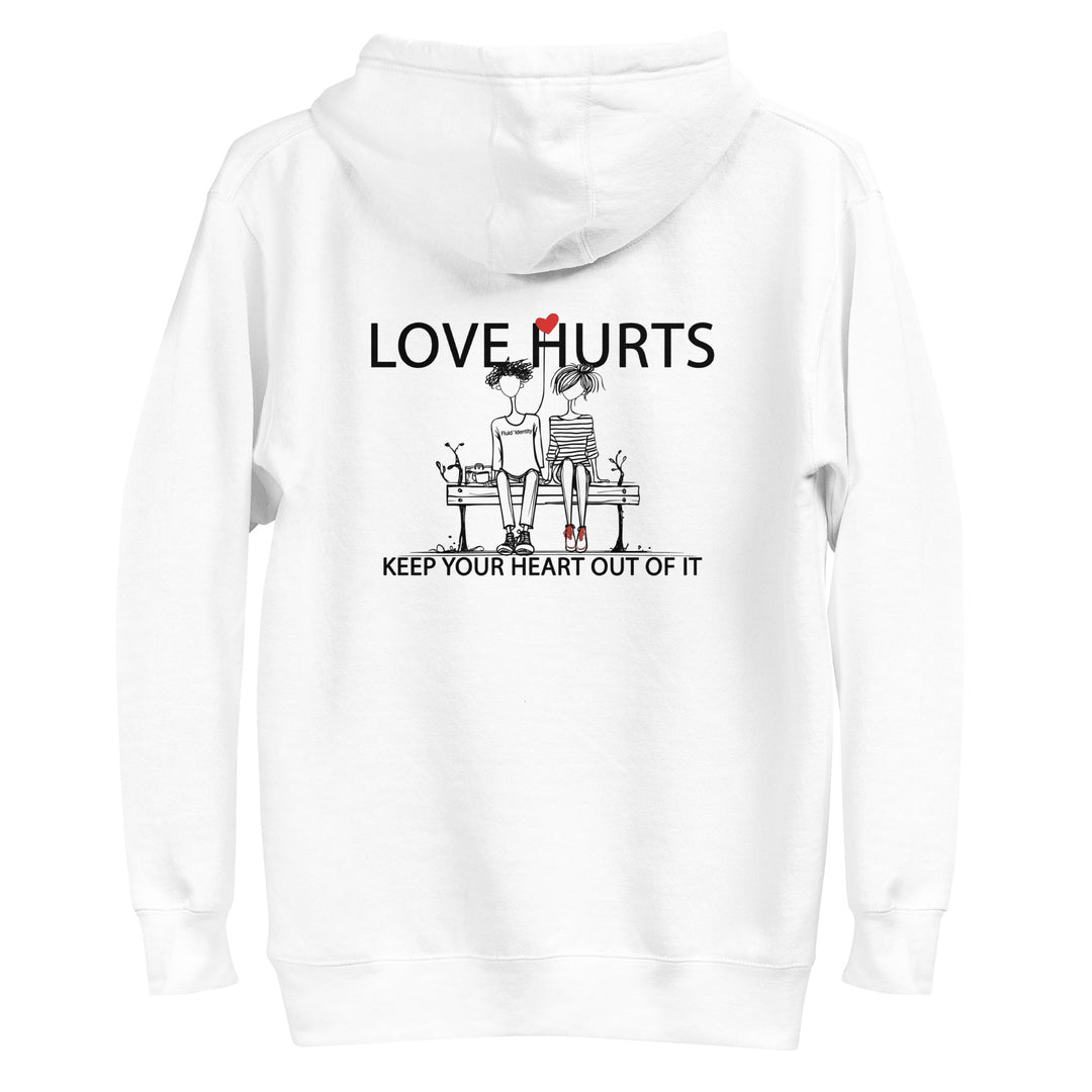 White hoodie featuring a graphic with the text Love Hurts and skeletons, ideal for Urban Style Streetwear Fashion