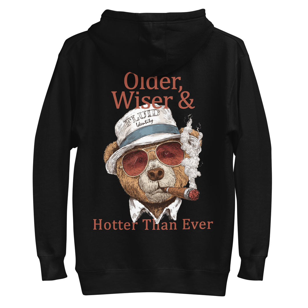 Fluid Identity Black Hoodie featuring a bear in sunglasses with text Older Wiser & Hotter Than Ever for Urban Style Streetwear Fashion