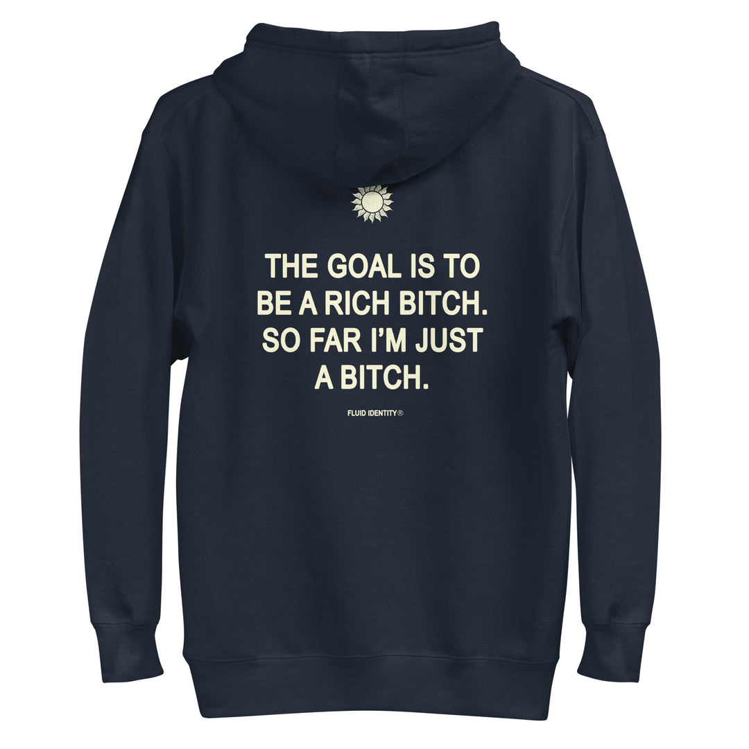 Navy hoodie from Fluid Identity featuring urban style streetwear fashion with a motivational quote on the back