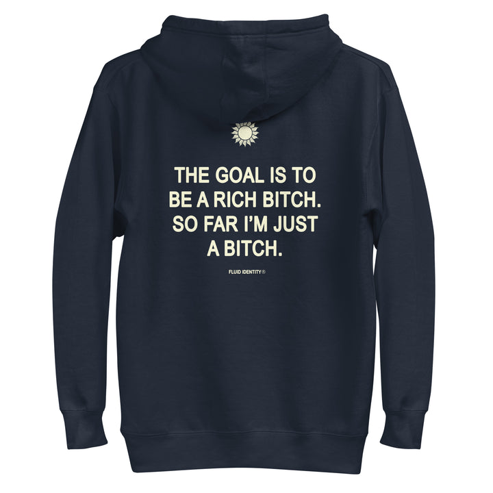 Navy hoodie from Fluid Identity featuring urban style streetwear fashion with a motivational quote on the back