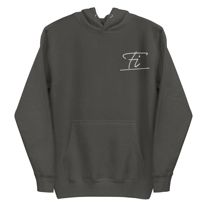 Fluid Identity Hoodie in Charcoal with Fi Logo, perfect for Urban Style Streetwear Fashion